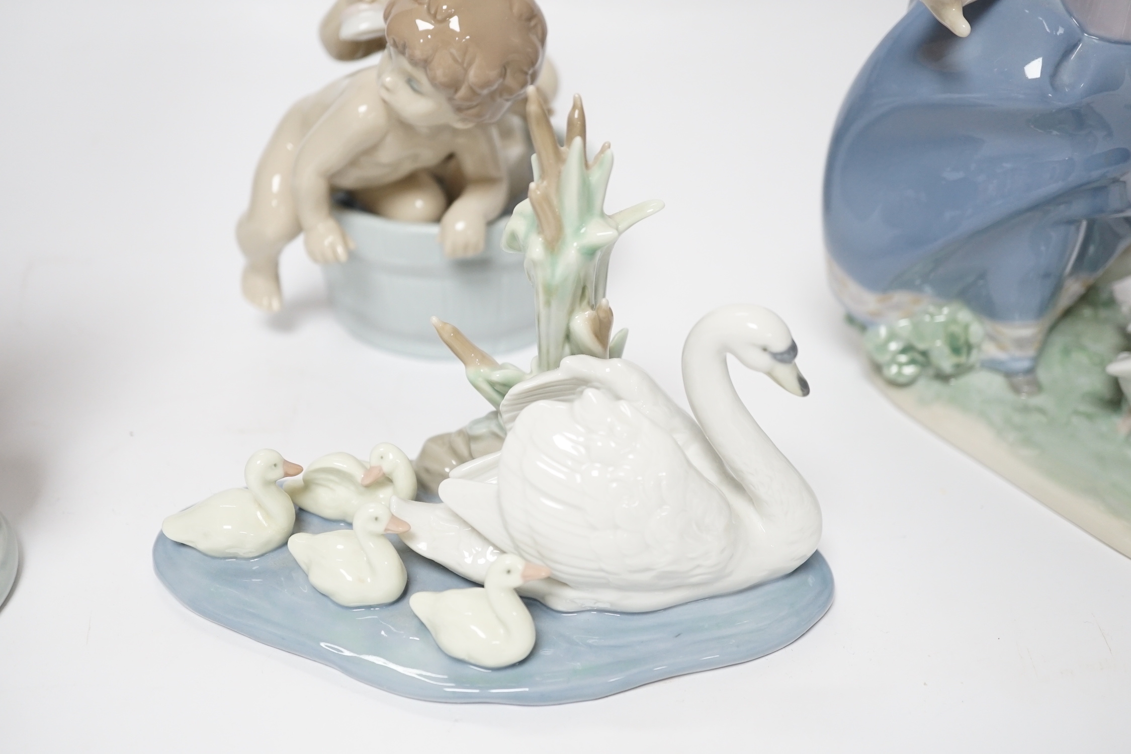 Five Lladro figure groups, Follow Me, Hurry Up, Bathtime, Interrupted Nap and another, four boxed